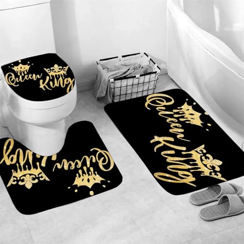AZHM Queen and King Shower Curtain Set for Bathroom 4 Pcs Black Bathroom Accessory Decor Sets with Shower Curtain and Rugs - color: Black Gold