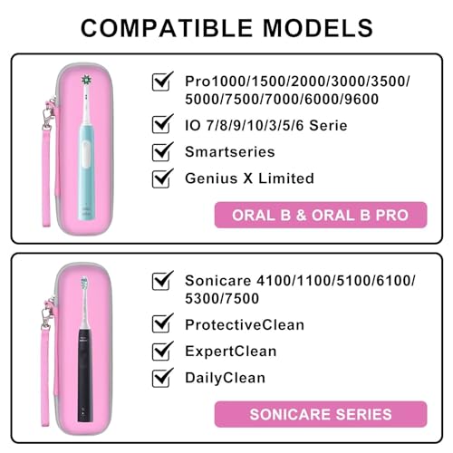 Toothbrush Travel Case for Oral B/Oral-B Pro 1000 1500 5000 7000 7500 6000 9600/ Phlips Sonicare 4100 5100 1100 6100 5300 Electric Toothbrush, Portable Hard Protective Storage Bag (Pink) - color: Pink