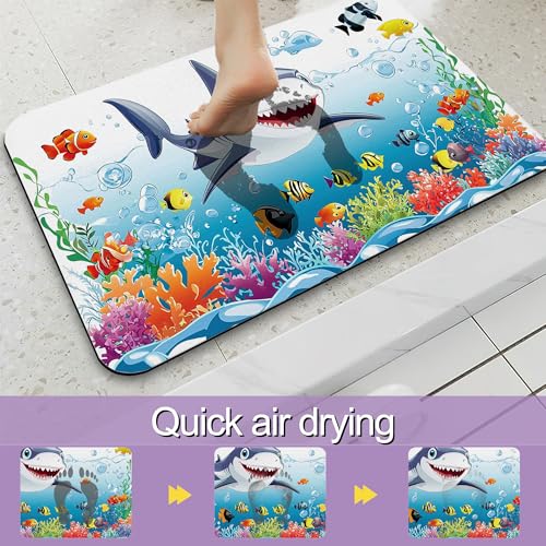 Cute Shark Bathroom Mat, Non Slip Rubber Backed Fast Dry Bath Rug, Thin Bath Mat for Bathroom Kitchen 17"x30" - color: Cute Shark
