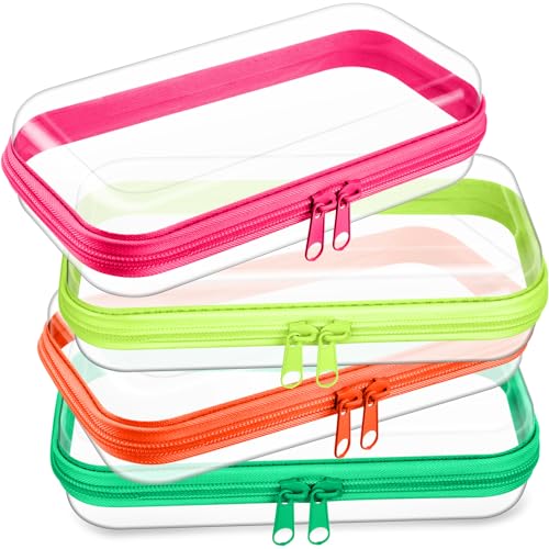 Hoolerry 4 Pcs Hard Clear Zipper Case Makeup Bags Plastic Zipper Pouch Transparent Storage Box Containers for Cosmetics, Snacks, Building Blocks, Puzzles(Clear,7.5 x 3.9 x 2 in,Fluorescent) - color: Fluorescent, size: 7.5 x 3.9 x 2 in