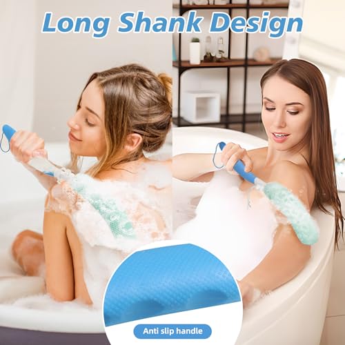 15.35" Back Bath Brush with Sponge,Back Scrubber Bath Mesh with Curved Long Handle Bath Body Brush for Elderly Aid Bathing and Shower - size: Pink+Blue Handle