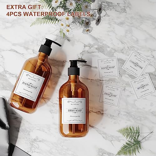 2PCS Amber Dish Soap Dispenser for Kitchen (16 Oz), Brown Hand Soap Dispenser for Bathroom, Plastic Soap and Liquid Dispenser Set with Rust Proof Pump, Refillable Soap Pump Bottles, Waterproof Labels - color: Amber