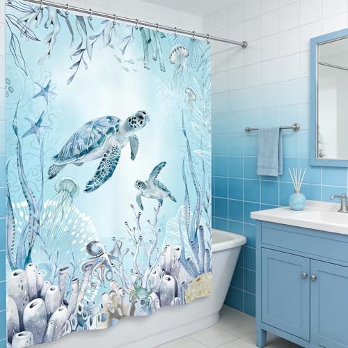 Turtle Ocean Sea Shower Curtain 60Wx72L Inch Teal Blue Undersea Underwater Nautical Bathroom Set Accessories Decor with 12 Pack Hooks - color: Teal Blue Turtle, size: 60"W x 72"L (Pack of 1)