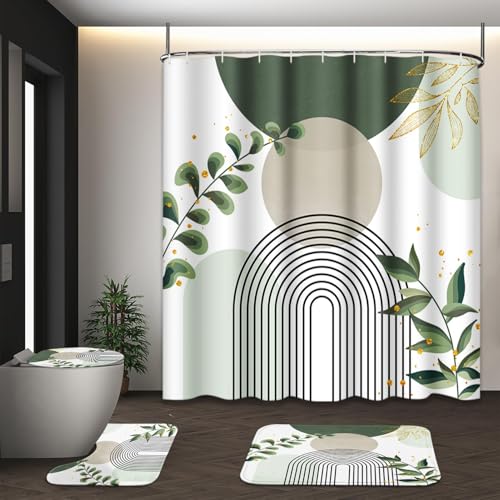Boho Sage Green Mid Century Shower Curtain Set with Toilet Lid Cover and Non-Slip Rugs, Abstract Bohemian Gold Leaves Plant 4 Pcs Modern Minimalist Shower Curtain for Bathroom Set with 12 Hooks - color: Leaf Sage Green