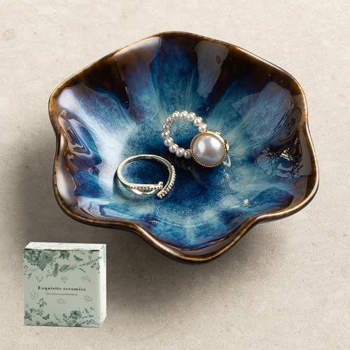 Ceramic Lotus Leaf Trinket Dish, Ring Holder for Jewelry | Keeps earrings, necklaces, keys, and keepsakes handy on vanities or nightstands, a sweet gift for moms, sisters, and friends - color: blue