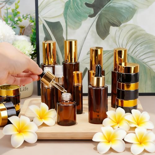 26 Pack TSA Approved Glass Travel Skincare Containers, 2/1.7/1.35/0.7/0.5/0.3oz Refillable Traveling Size Containers with Pump, Jars & Essential Oil Bottle, Leak-Proof for Creams & Liquids