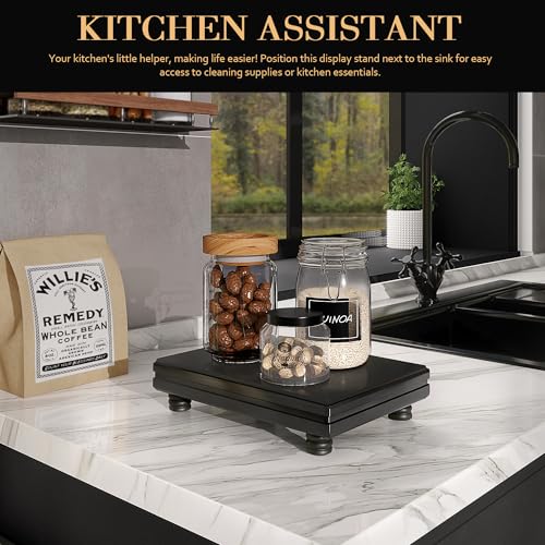 EOSAHR Decorative Pedestal Stand for Bathroom Decor – Small Display Stand for Kitchen Organizer & Soap Holder for Bathroom Sink – Wooden Tray to Beautify Home Decor (Black) - color: Black