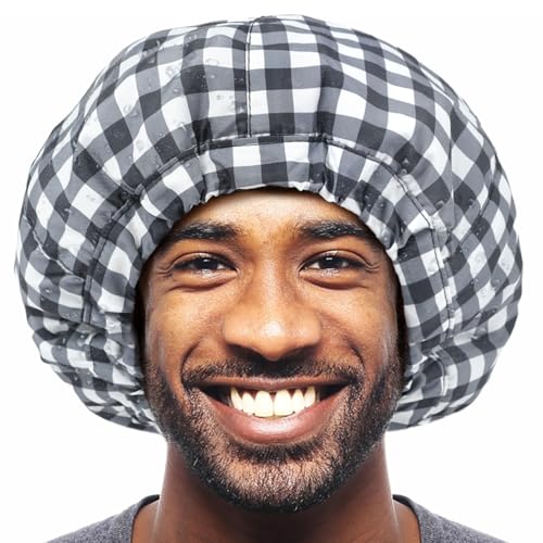 Shower Cap for Men Black White Plaid Bath Cap, Reversible Large Waterproof Adjustable Shower Caps Terry Lining & Elastic Band Stretch Hem Hair Hat - color: Black White Plaid