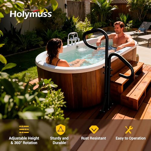 Two-Way Hot Tub Handrail, 44"-57.3" Adjustable Height SPA Hand Rail w/360 Swivel Option, Hot Tub Railing to Get in and Out, 600LBS SPA Side Handrail Ground-Mount for Indoor&Outdoor