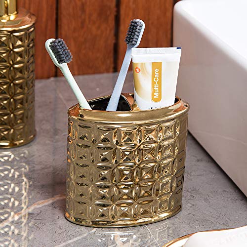 Gold Bathroom Accessory Set, 4-Piece Ceramic Bathroom Decorations Accessories Sets Includes Lotion Dispenser, Toothbrush Holder Tumbler and Soap Dish - color: Gold