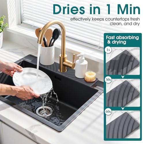 Quick Dry Stone Faucet Mat for Kitchen Sink - 23.6"x3.9" Natural Diatomite Stone Drying Mat for Kitchen Counter, Auto Drainage Sink Protector, Water Splash Guard for Bathroom (Dark Grey)