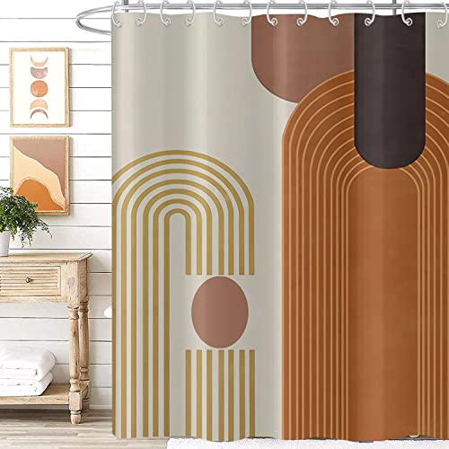 Mid Century Shower Curtain, Brown Modern Boho Neutral Arch Geometric Machine Washable Waterproof for Bathroom Bathtub with 12 Hooks 72x72 - color: Brown and Beige, size: 72"W x 72"L (Pack of 1)