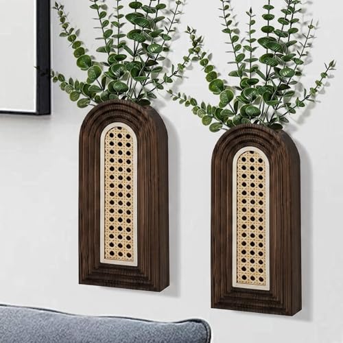 Dnnnii 2 Pack Wooden Wall Vase Set - Dark Brown Finish Hollow Rattan Modern Farmhouse & Boho Wall Decor for Entryway, Hallway, Bathroom, Living Room, Dining Room, Narrow Spaces - color: Rattan-dark Brown