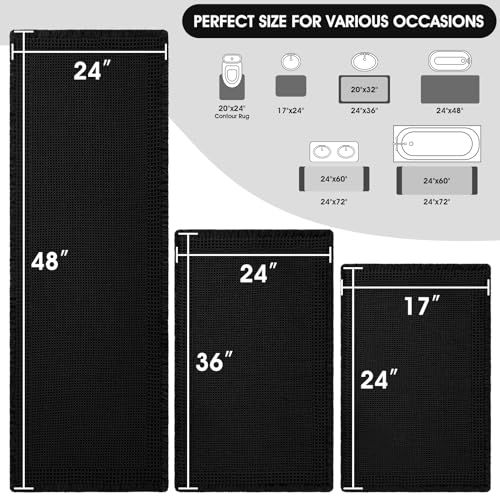 Upgraded Waffle Bath Mat Set 3 Piece Black-Bordered, Super Absorbent Non-Slip Quick Dry Bathroom Rugs with Tassels, Machine Washable Ultra Soft Boho Bath Rugs for Floor, Bath Mats Boho Farmhouse Decor - color: Black, size: 48"x24"+36"x24"+24"x17"