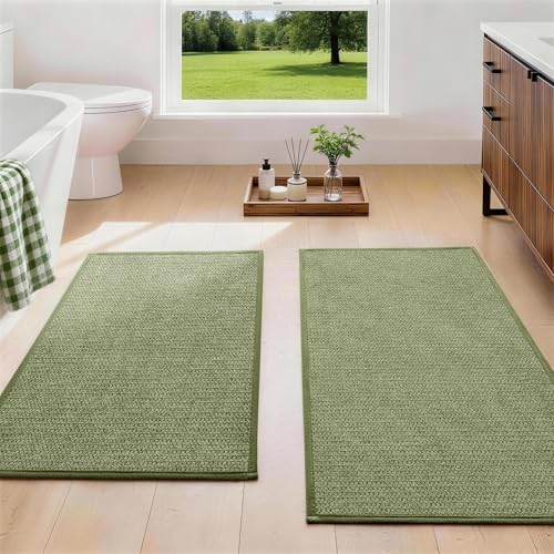 YIHOUSE Green Bathroom Rugs Sets 2 Piece, Quick Dry Thin Bath Mat, Non Slip Absorbent Machine Washable, Bath Rugs for Bathtub Sink Home Decor (17"x24" + 17"x32") - color: Green, size: 17"x24"+17"x32"
