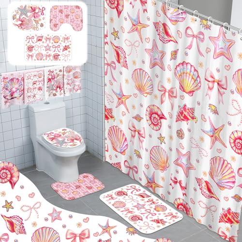 Tatuo 8 Pcs Beach Shower Curtain Set Blue Bow Ocean Summer Beach Party Bathroom Accessories Sets Coquette Starfish Coastal Waterproof Shower Curtain with Towels Carpet Bath Mat Toilet Rugs 12 Hooks - style: Pink Ocean