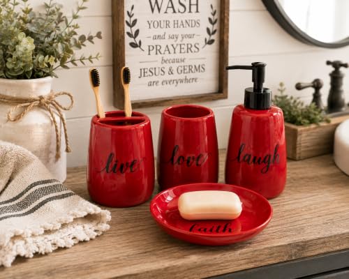 Red Ceramic Bathroom Accessories Set, 4 Piece Farmhouse Bathroom Decor, Soap Dispenser, Toothbrush Holder, Tumbler & Soap Dish, Live Love Laugh Faith Bathroom Countertop Set - style: red