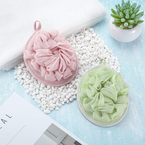 Boao 6 Pcs Bath Shower Pouf Sponge Mesh Pouf Shower Ball Exfoliating Body Sponge Pad Scrubber Glove with Flower Bath Ball (Green,Light Pink) - style: Green,Light Pink