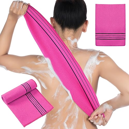 Hosuly 2 Pcs Korean Exfoliating Washcloth and Mitts Set Long Exfoliating Back Italy Towel Scrub Mitt Wash Cloth Scrubber for Women Men Shower Dead Skin Removing Dry Skin (Rose Red) - style: Rose Red