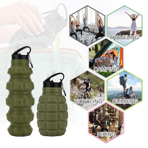 QiCheng&LYS Collapsible Water Bottle Sports Bottle 19.5OZ/580ml Travel Water Bottle for men women kids. BPA Free Food Grade Silicone. (Army green) - color: Army green