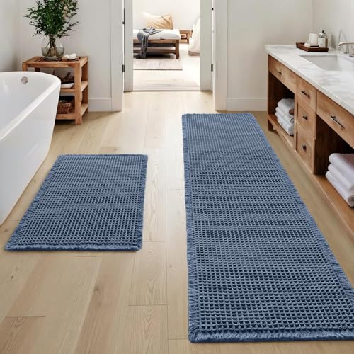 MIULEE Set of 2 Waffle Bathroom Rugs, Boho Bath Rugs Non Slip Washable, Super Absorbent Bath Mats, Ultra Soft Rubber Backed Shower Mats for Bathroom Floor, Tub and Shower, Blue, 17"x24"+17"x48" - color: Blue, size: 17''x24'' + 17''x48''