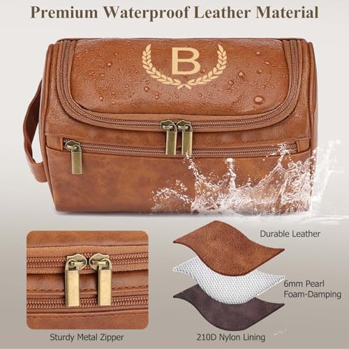 OXYEFEI Personalized Toiletry Bag for Men,Personalized Gifts for Men,Engraved Initial PU Leather Mens Toiletry Travel Shaving Travel Essentials Toiletries Bag for Him Birthday (B, Brown) - color: Brown, style: B