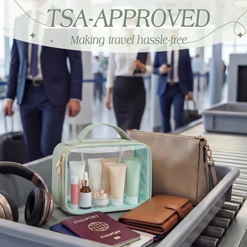 Abbylike 6 Pcs Clear Makeup Bags Bulk 7.9 x 5.9 x 2.4 Inches Quart Size Approved PU Leather Toiletry Bag with Handles Small PVC Clear Travel Cosmetic Case for Women Wedding Bridal Gifts(Green) - color: Green