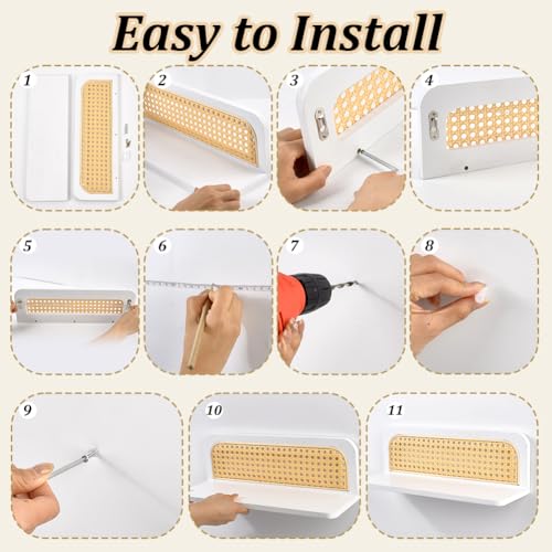 PH PandaHall 2 Sets Boho Rattan Floating Shelves Rattan Wall Shelf, White Wood Boho Shelf Decor Floating Book Shelves for Bathroom Kitchen Bedroom Living Room Classroom, Plant Figurines Display