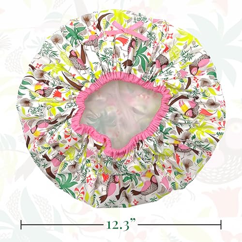 Reusable Bath & Shower Cap Lined, Oversized Waterproof Shower Caps Large Designed for all Hair Lengths with PEVA Lining & Elastic Band Stretch Hem Hair Hat - Fashionista Tropical - color: Tropical