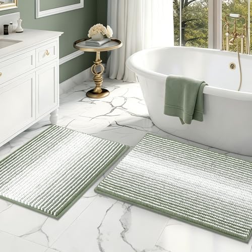 BSICPRO Bathroom Rugs and Mats Sets, 2 Piece Thick Absorbent Chenille Bath Mat Rug Set Non Slip, Soft Bath Room Floor Mats for Bathroom, Machine Washable (20" x 32" Plus 16" x 24",Greyish Green) - color: Greyish Green, size: 20" x 32" Plus 16" x 24"