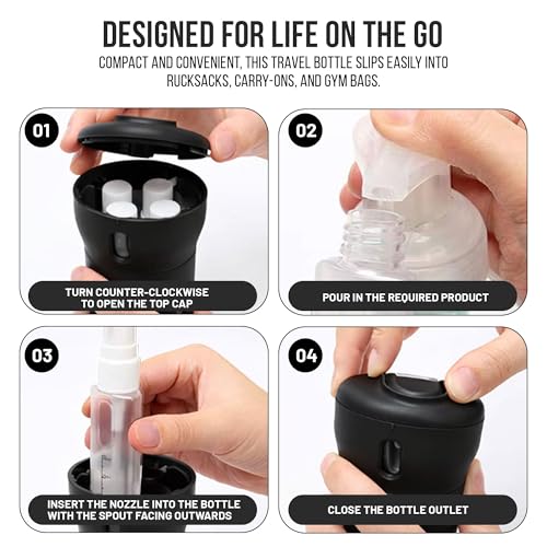 Travigo 4-in-1 Travel Dispenser Bottle, TSA Approved, Leak Proof, Four Reusable 1.4 oz. (40 mL) Toiletry Containers for Shampoo, Conditioner, Soap, Lotion, Skincare (Black) - color: 1 Dispenser (Black)