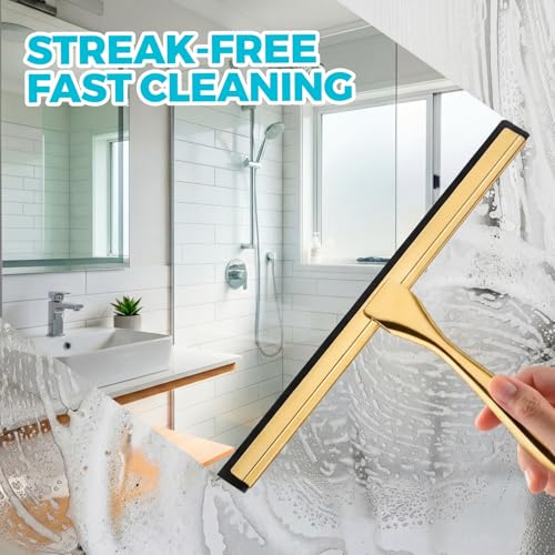 ALFLOD 2pcs Shower Squeegee for Glass Doors with Adhesive Hanging Hook Set | 10” gold, bathroom accessories, window cleaner, new home essentials, soft rubber blade, metal handle, ergonomic grip - color: Golden, size: 10 Inch