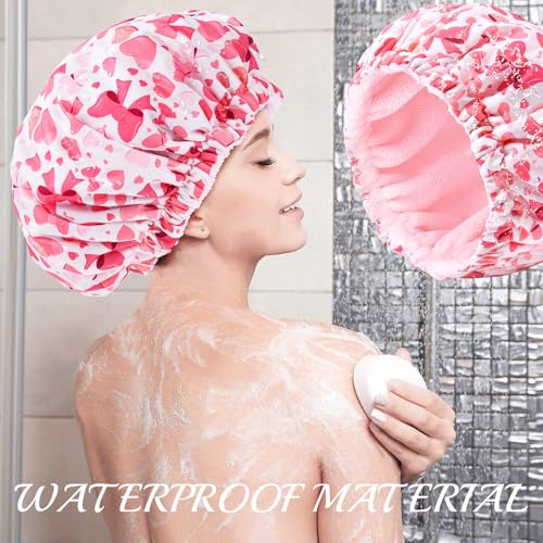 Aileam Pink Bow Shower Cap for Women, Terry Lined Bath Cap Large Reusable Waterproof Shower Hair Cap for Long Thick Hair - color: Hearts & Bows