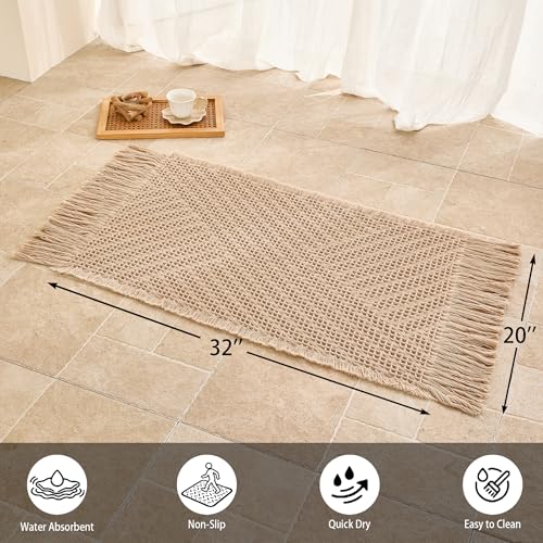 Waffle Bath Mat Non Slip, Boho Bathroom Rug, Super Absorbent Quick Dry Bathroom Mat, Soft Farmhouse Bath Rug with Tassels, Small Washable Shower Mats for Floor 20"x32", Tassels Brown - color: Tassels Brown, size: 1'8" x 2'8" (Rectangular)