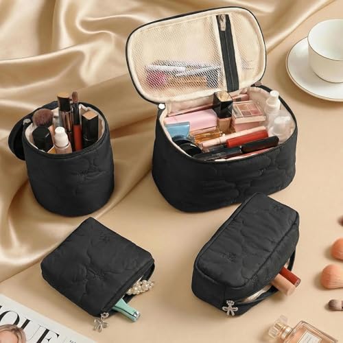 4Pcs Quilted Makeup Bag Set, Cute Bowknot Puffy Makeup Bag Toiletry Bag w/ Bow Zipper Travel Essentials Large Water-Resistant Travel Makeup Bag Versatile Cosmetic Organizer Pouch for Women Girls - color: Black