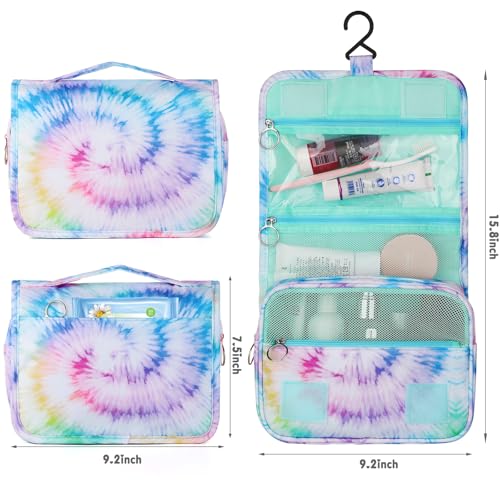Kids Hanging Toiletry Bag for Girls, Travel Toiletry Bag for Teen Girls Tie Dye Cosmetic Makeup Waterproof Wash Bag Traveling Toiletries - color: Tie Dye-Teal-G