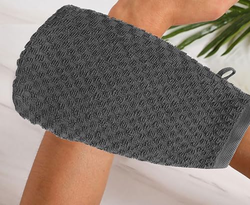 COTTON CRAFT Bath Mitt - 6 Pack Euro Spa Waffle 100% Cotton Towel Mitts | Large 5.5x10 inches Grey Exfoliating Gloves - Sensitive Skin Friendly - Body Bath Shower Glove Washcloth with Hanging Loop - color: Grey - Bath Mitt
