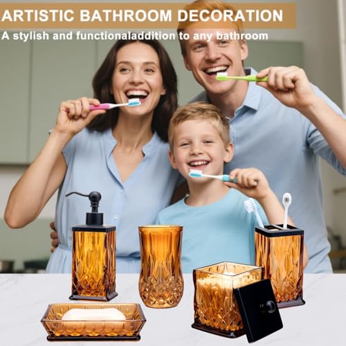 Amber Bathroom Accessories, Thick Etched Glass & Zinc Alloy Pump | Square Design, Beautiful & Weight, 5 Pcs Soap Dispenser, Toothbrush Holder, Soap Dish, Tumbler & Jar, for Mission/Amish Style - style: Square(Amber)