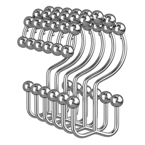 Amazer Shower Curtain Rings, Rust-Resistant Metal Double Shower Hooks for Curtain Rolling Shower Curtain Hooks Rings Shower Rings for Bathroom Shower Curtain Rod, Chrome, Set of 12 Rings - color: Chrome, style: Modern - Double Hooks