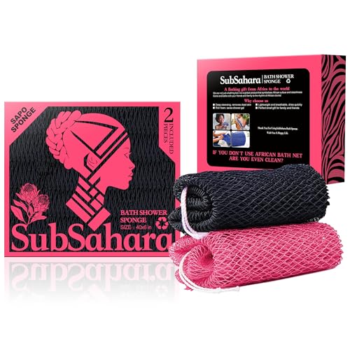 SubSahara Authentic African Net Sponge - 2 Pack Exfoliating Bath & Shower Loofah Sponge for Body & Face, Gentle Scrubber for All Skin Types, Travel, Durable (Black & Pink) - color: Black & Pink