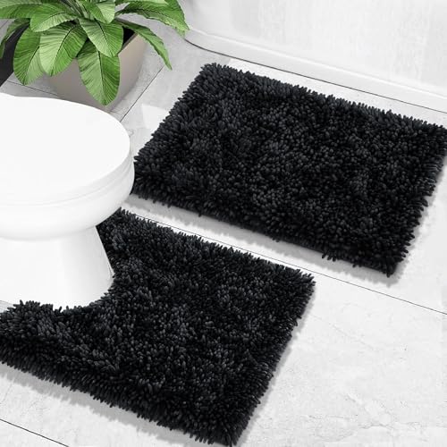 Yimobra Bathroom Rugs Sets 2 Piece, Soft Absorbent Bath Mat and U-Shaped Toilet Rug with Non Slip Backing, Luxury Shaggy Bath Mats for Bathroom, Machine Washable, 24"x17"+24"x20", Black - color: Black, size: 24x17 + 24x20 Inch