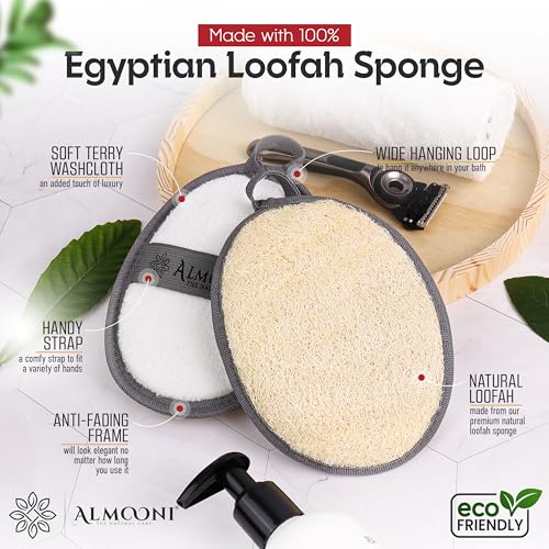 Almooni Natural Exfoliating Loofah for Men, Lightly Abrasive Egyptian Loofah Body Scrubber for Men, Dual-Sided with Cotton Back, Hand Strap, Gray, 2-Count - style: Gray