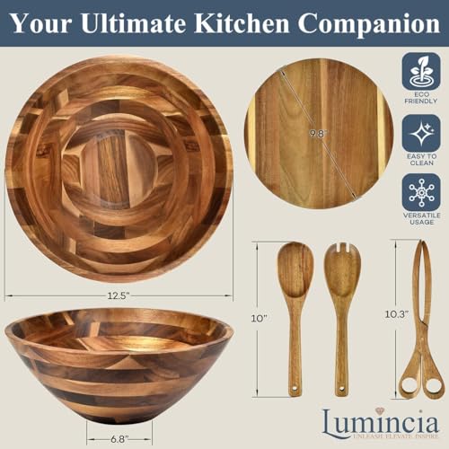 Premium Acacia Wood Salad Bowl Set – 12.5” Large Wooden Serving Bowl with Servers & Base Plate, 5-Piece Set
