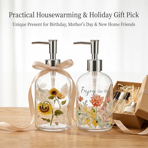 Topadorn Set of 2 Glass Soap Dispensers 17oz, Refillable Clear Liquid Soap Bottles, Sunflower and Floral Bathroom Kitchen Countertop Decor - color: Pink and Yellow