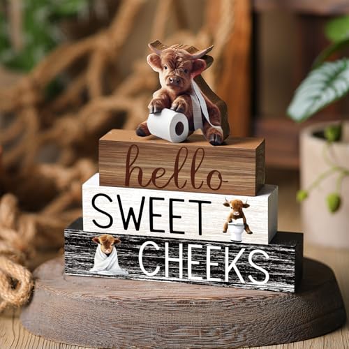 Cinnvoice 4 Pcs Highland Cow Bathroom Decor Farmhouse Bathroom Decoration Western Hello Sweet Cheeks Table Centerpiece Gift for Christmas Valentines Back to School - style: Highland Cow Hello Sweet Cheeks