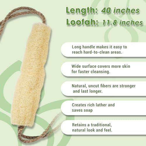 Vietnamese Natural Loofah Back Scrubber - 100% Plant-Based Exfoliation Shower Sponge, Handcrafted Whole Loofah Gourd with Jute Fiber Handle, Suitable for Men & Women (1-Pack)