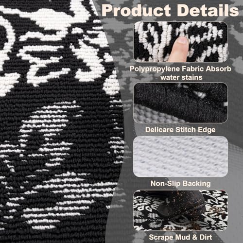 LOKHOM Boho Kitchen Rugs Sets of 3, Non Slip High-Low Textured Kitchen Mats for Floor with Rubber Backing, Paisley Floral Washable Carpet Runner for Hallways Entryway Laundry Sink (Black & White) - color: Black, size: 24"x35"+24"x48"+24"x60"