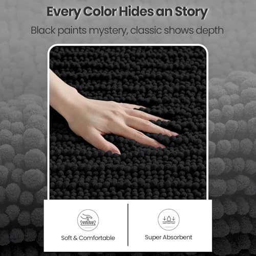 DEXI Bathroom Rugs 24x16, Super Soft Thick Chenille Absorbent Bath Mat, Non Slip Machine Washable Fluffy Shag Bathmat for Tub, Shower Floor, Black - color: Black, size: 24" X 16" (Rectangular)
