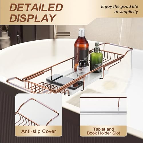BVL Bathtub Tray Stainless Steel with Marble Base Rose Gold Bathtub Tray with White Marble Base Adjustable & Rustproof Bath Caddy for Spa, Relaxation, Bath Bombs - color: Rose Gold