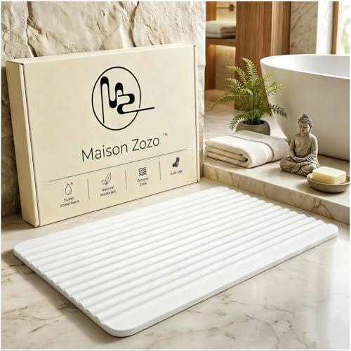 Stone Bath Mat Diatomaceous Earth Shower Mat Non-Slip Ultra Absorbent Durable Stone Mats for Bathroom/Kitchen Fast-Drying Modern Design Easy to Clean (24''*16'' White) - color: White